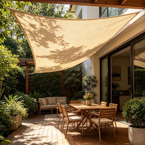 Vela de Sombra 260 x 260 cm HDPE Transpirable Anti Rayos UV Solar Protección 85% Resistente Toldo Vela, Malla Sombreadora para Terraza, Jardín, Patio y Balcón, Amarillo Arena