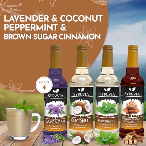 Syruvia Coffee Syrup Variety Pack, Lavender, Coconut, Peppermint, and Brown Sugar Cinnamon - Gluten-Free, Kosher, 25.4 fl oz bottles - Elevate Your Coffee Experience! - Thumbnail 2