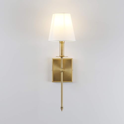 Miniatura 8 de PERMO Aplique de pared industrial rústico clásico con pantalla textil blanca acampanada y soporte de columna cónico de latón antiguo