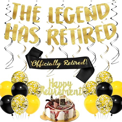 "The Legend has Retired" Kit di decorazioni per pensionamento, 19 pezzi, accessori per feste di pensionamento, fascia per pensionamento, topper per torte, palloncini in lattice