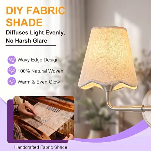 Image of Bathroom Light Fixtures 14 inch Vanity Light 2-Light Brushed Nickel | Farmhouse Bathroom Lights, Beige Wavy Fabric Shade, Dimmable Vanity Lighting Fixtures for Mirror Bedroom Living Room Hallway