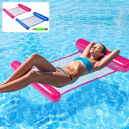 Pool Floats Water Hammock 2Pack , Multi-Purpose Inflatable Hammock, Water Hammock Float, 4-in-1 Portable Water Hammock Lounge (Hammock, Saddle, Lounge Chair, Drifter)(Blue/Rose Red, 2 Packs)