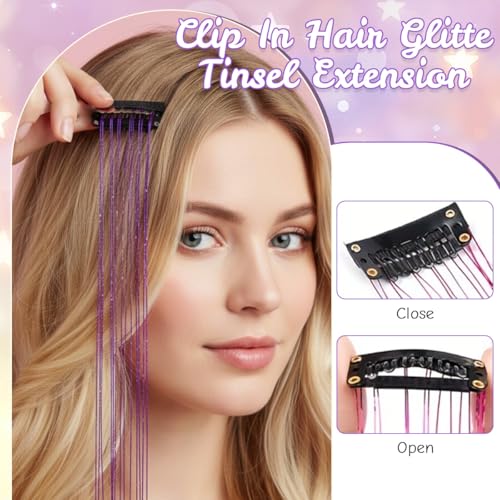 Image of MAYCREATE 6pcs Hair Tinsel Extensions Glittering Clip-on Purple Glittering Tinsel Hair Extensions for Styling Girls Fairy Kit for Party, Festival