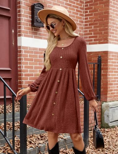 JUSTFASHIONNOW Womens Knit Dress Long Sleeve Knee Length Dresses Button Fall Dress with Pockets Trendy 20252