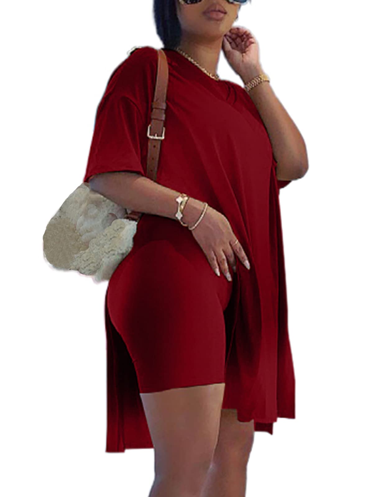 qfmqkpi Women’s Casual 2 Piece Outfits V Neck Side Split Tops and Shorts Set Tracksuit