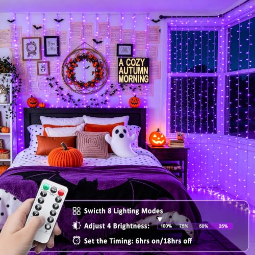 Image of JMEXSUSS 200 LED USB Purple Halloween Lights, 6.5ft x 6.5ft | Halloween Curtain Lights with Remote, 8 Modes Purple Curtain String Lights for Bedroom Party Halloween Decorations