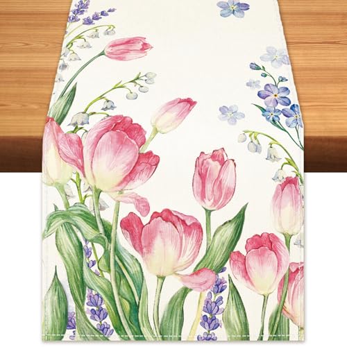 Cloudfomila Summer Pink Tulips Table Runner Lavender Burlap Table Runners, Spring Watercolor Flower Holiday Seasonal Coffee Table Center Decor for Home Kitchen Dining Party Indoor Outdoor 13x108 Inch