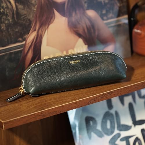 Image of Cockatoo Genuine Leather Pencil Pouch, Accessories holder, Stationery Bag, Zippered Pen Case for Work & Office (Black Forest)
