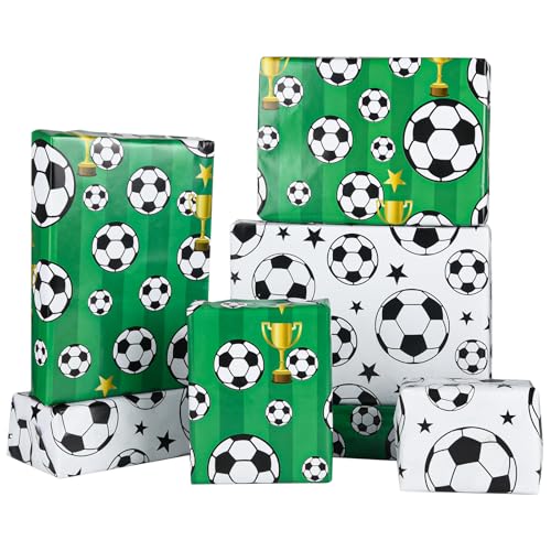 PLULON 8 feuilles de papier d'emballage de football papier emballage d'anniversaire garçons 70 x 50 cm papier emballage recyclable sport football papier...