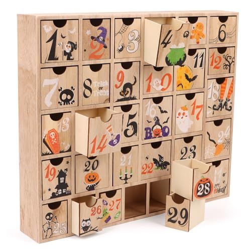 CCINEE Halloween Wooden Countdown Calendar with 31 Drawers, Hand Painted Refillable 2026 Halloween Decoration for Indoor Outdoor Holiday Decorations, Natural Wood