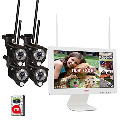 (PIR Wärmesensor und Audio) All-in-1 WLAN Überwachungskamera Set mit 15.6” Zoll Monitor, 8-Kanal 1080p NVR Set mit 4PCS 2.0MP IP Kameras Innen und