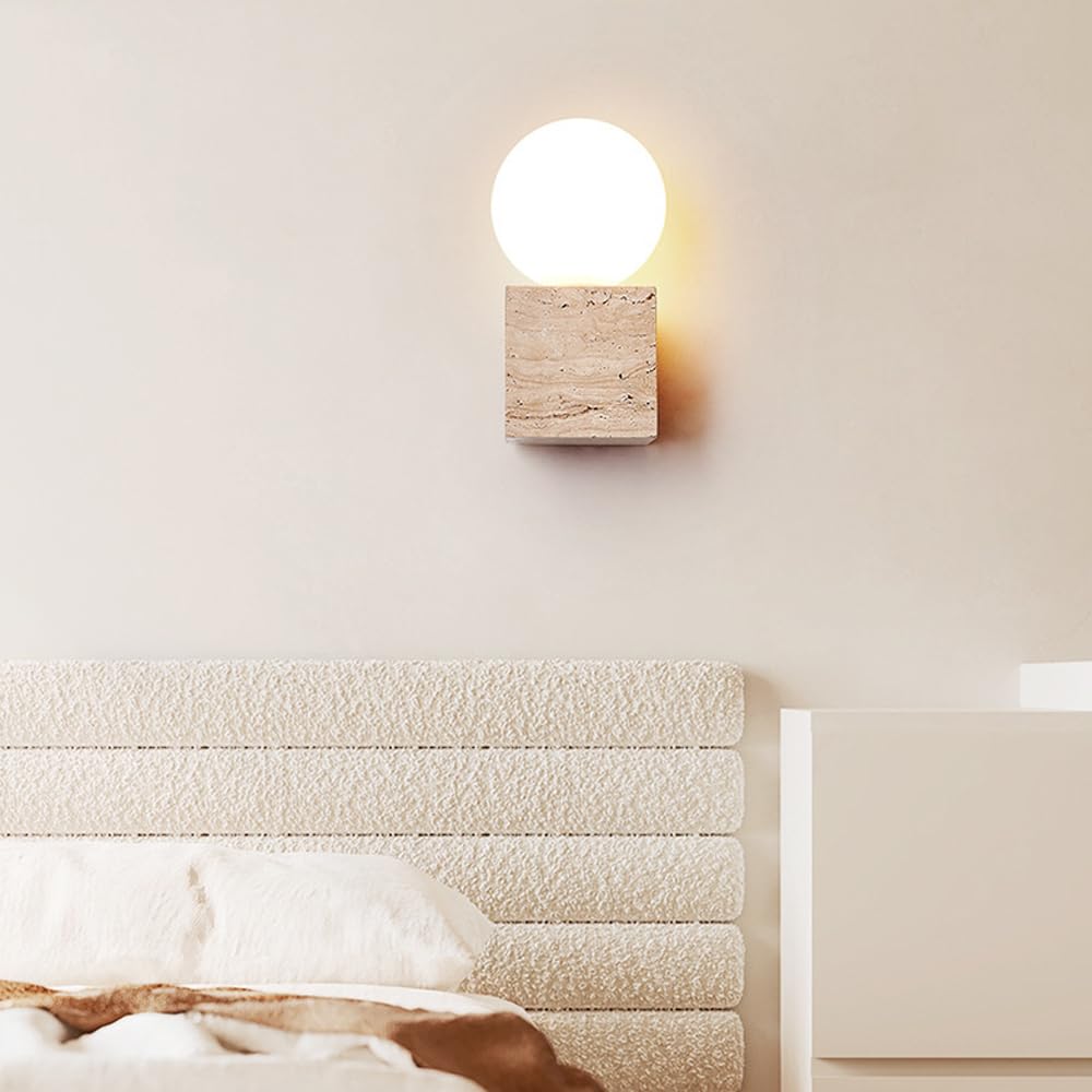 Nordic Industrial Style Wall Light, G9 Base Flush Mount Yellow Travertine Glass Sconce, Single Head Minimalist Lamp, Bedside Living Room Balcony Mounted Fixtures