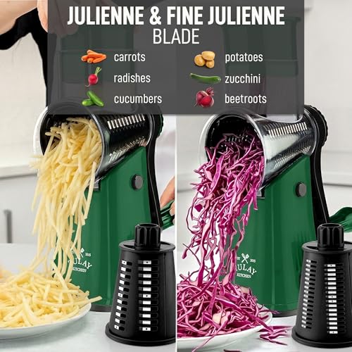 Image of Zulay Kitchen Rotary Cheese Grater 5 Blade Cheese Shredder - Manual Hand Crank Cheese Grater With Reinforced Suction & 5 Interchangeable Drums - Easy to Use, Vegetable Chopper Round Mandoline Slicer