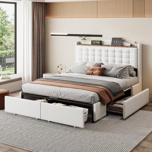 DHWDS Cama tapizada con mesita de noche, USB-C y gran espacio de almacenamiento, cama doble de 140 x 200 cm, incluye 4 cajones y somier, moderno marco de cama en lino, color beige