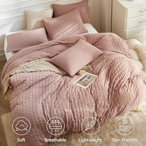 Image of JELLYMONI Seersucker Duvet Cover Set Full, 3pcs Smokey Pink Polyester | In Guest Room & Studio, Single Upgrades Pick, Crinkled Texture, Oeko-Tex Certified, 8 Corner Ties & Hidden Zipper