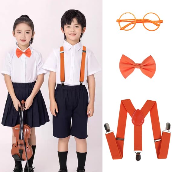 Child Kids Suspenders Bowtie Set with Orange Glasses - Adjustable Suspender Set for Boys and Girls3