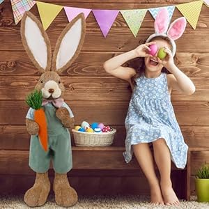 DRDUDU Easter Bunny Decor 27 FT Large Bunnies Statue Outdoor Porch Decorations with Carrot Sisal Tall Bunny Topiary Easter Standing Straw Rabbit for Indoor Garden Farmhouse Front Door Spring