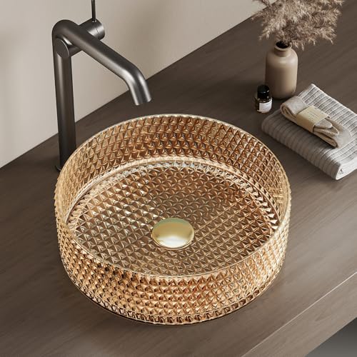 EMKE Lavabo Sobreponer en Vidrio Cristal, Redondo Rosa Oro, 36 x 36 x 11.2 cm, Lavabo de para Baño y WC de Invitados, Sin Orificio para Grifo
