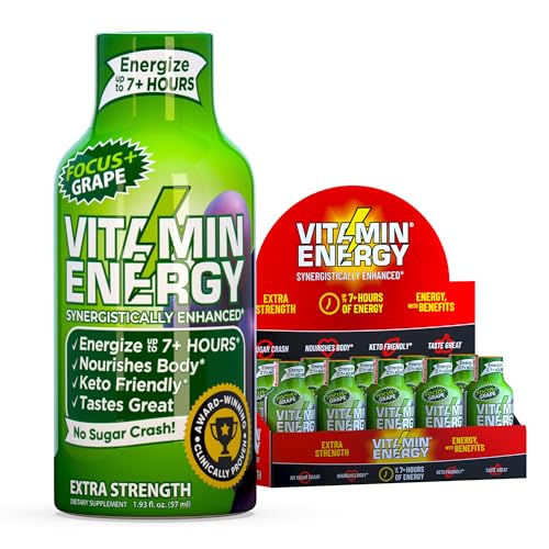 Vitamin Energy Focus+ Extra Strength Energy Shot Grape 10 Pack, 260mg Natural Caffeine, B-Vitamins, CoQ10, Amino Acids, Focus, Productivity &amp; Clarity, Zero Sugar, Gluten-Free, 1.93 fl oz