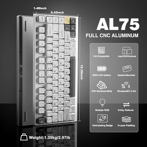 Image of YUNZII AL75 Wireless Mechanical Gaming Keyboard,Full Aluminum CNC,75% Layout,BT /2.4G /Wired,Hot Swap,Creamy Switches,TKL Gasket,RGB Backlight,Programmable for Mac /Win (Silver, Blue Grey Switch)