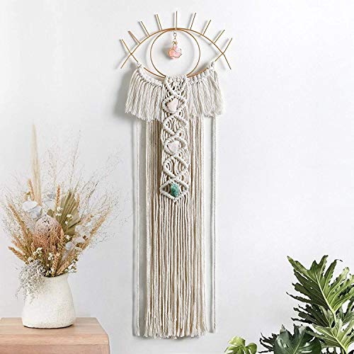 Boho colgante de pared con colgante de piedra de cristal hecho a mano tapiz de macramé tejido de pared para dormitorio, decoración del hogar, decoración de apartamentos bohemios, regalo de artesanía