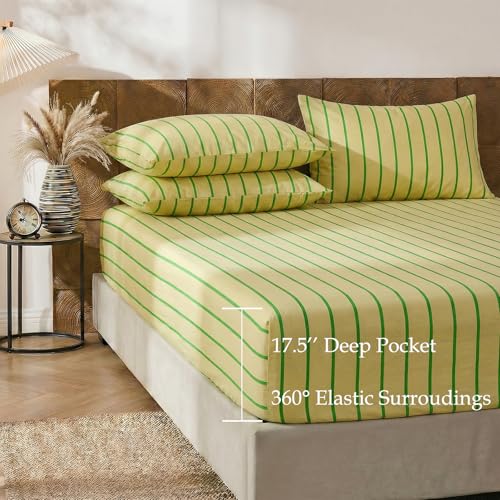 Image of Merryword 100% Cotton Sheet Set Full Size, Khaki & Green Stripes Bedding, Soft Breathable Percale Weave, Modern Minimalist, Luxury Linen Like, Deep Pocket Fitted Sheet 17.5 inch