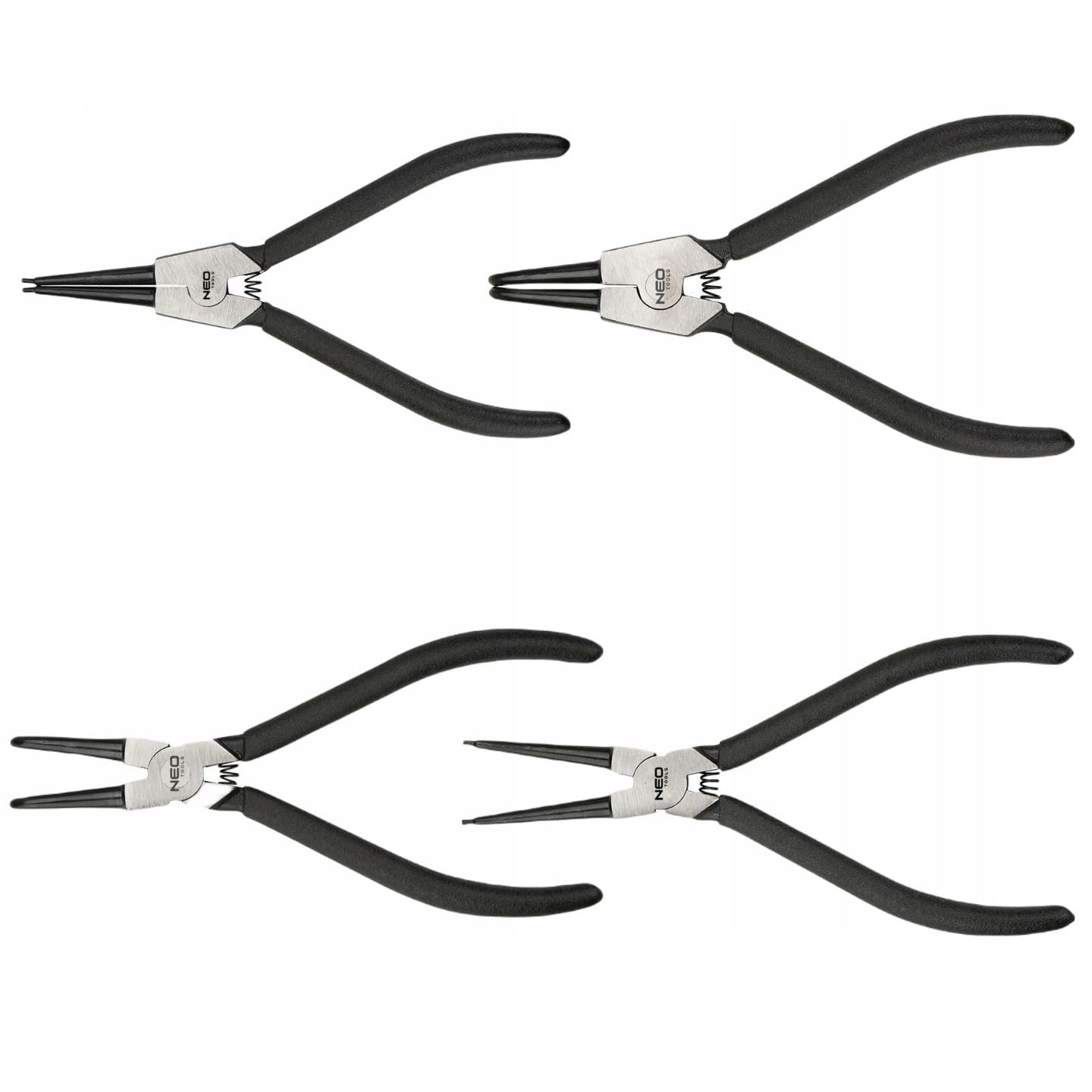 NEO TOOLS Set di 4 pinze per anelli elastici da 170/180 mm – Pinza per anelli di sicurezza dritte e curve per anello di sicurezza interno ed esterno – acciaio CrV – Pinza per anelli da mare con manici