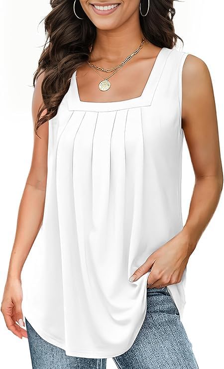 Tank Tops for Women Summer, Pleated Loose Fit Square Neck Sleeveless Tops Flowy Going Out Tops Basic Shirts