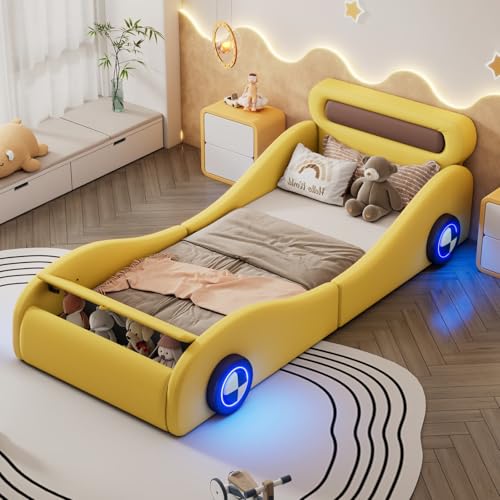 KOMHTOM Lit d'enfant avec Roues Lumineuses et Espace de Rangement, Lit Simple Rembourré en Forme de Voiture avec Sommier à Lattes en Bois, PU(sans Matelas)...