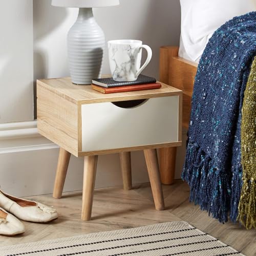 Home Source Bedside Cabinet 1 Drawer Oak Effect White Lamp Side Table, Solid Wood Legs, Scandi Style