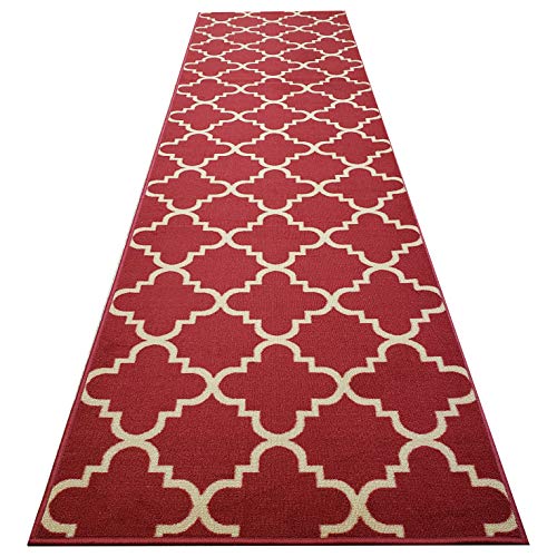 Custom Cut 22-inch Wide by 9-feet Long Runner, Red Moroccan Trellis Non Slip, Non-Skid, Rubber Backed Stair, Hallway, Kitchen, Carpet Runner Rug - Choose Your Width by Length
