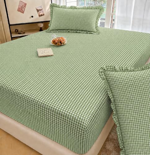 Image of VOMZER Queen Size (60x78) 300 TC Soft Cotton Feel Microfiber All Around Elastic Fitted Double Bedsheet with 2 Frill Pillow Covers | Green Check