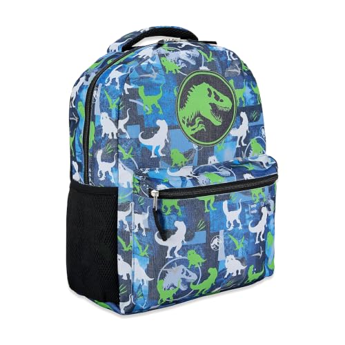 Jurassic World Mochila de nylon com estampa total – Adventure Awaits com tiranossauro Rex, Velociraptor e Triceratops Bookbag, Azul, Medium