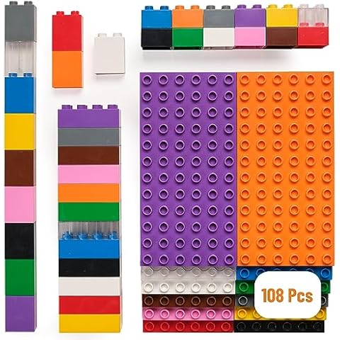 Strictly Briks Compatible with Lego Toy Building Block, Big Brick Tower Gift Set for Ages 3 and Up, Rainbow Colors, 12 7.5”x3.75” Base Plates and 96 Assorted Big Bricks, 108 Pieces Cover