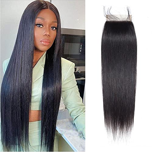 CHEEON Transparent Lace Closure Brazilian Virgin Human Hair Straight 4x4 Lace Closure 20 inch Natural Black Brazilian Straight Human Hair Swiss Lace Closure