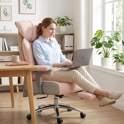 Image of Efomao Big & Tall Pink Executive Office Chair 400lbs, Extra Wide 23.2 inch PU Leather Desk Chair for Women with Footrest, Pocket Spring & Adjustable Arms for Home Office