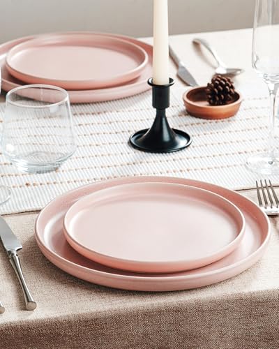 Image of Famiware Milkyway Plates and Bowls Sets, 12 Pieces Dinnerware Sets, Reactive Glaze Dish Set, Stoneware Dishes Set for 4, Light Pink