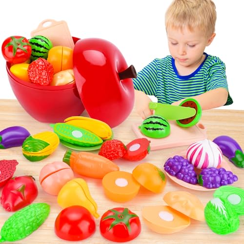 BBWELL Jouets Fruits et Légumes à Découper Enfant, 21pcs Jeux de Cuisine Enfant, Jeu de Role de Chef Kit, Jouet Éducatif Éveil Montessori pour Garcon Fille BéBé 2 3 4 5 Ans