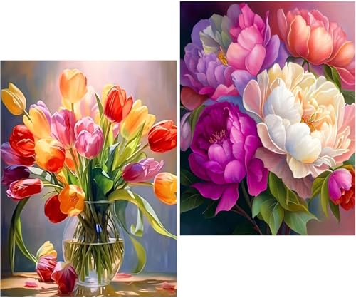 Amyaker ダイヤモンドアート キット 丸いビーズ 全面 2個セット ダイアモンドビーズ絵画キット DIY 手作り絵画 モザイクアート 5D モザイクアート ダイヤモンド塗装 全面貼り付けタイプ 30x40cm 牡丹 チューリップ