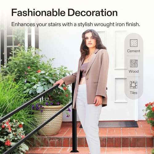 Image of VIVOSUN Outdoor Handrail, 6 Step Stair Handrail, 83 inch x 36 inch Fits 1 to 6 Steps, Wrought Mattle Iron Handrail for Concrete Steps, Porch Steps, One-Step Assembly, Black