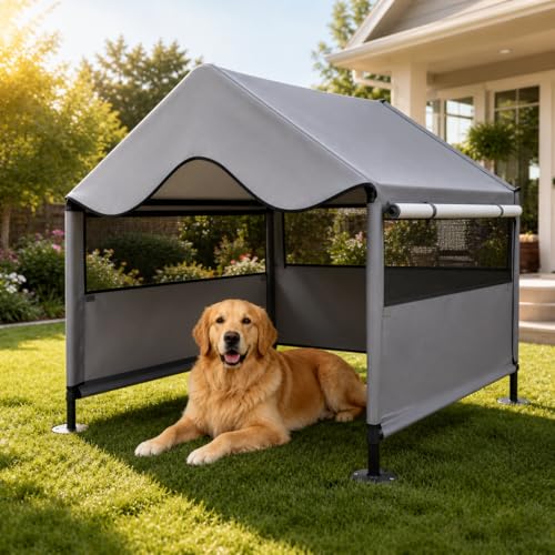 LUCKITTY Extra Large Dog Shade Shelter Canopy with UV Protection Big Dog House Outside Outdoor Dog Tent with Three-Sided Breathable Mesh Windows Gray Sun Rain Cover for Pet Sheep Goat 4x 4x 3.3