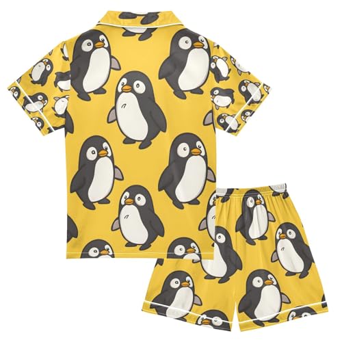 Cute Chubby Penguin Satin Summer Pajama Sets Silk Short Sleeve Button Down Sleepwear2