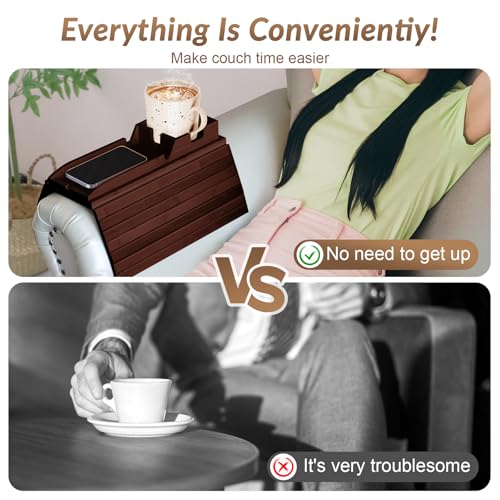 Image of FUNKYLEE Bamboo Couch Armrest Table, Couch Arm Tray with Removable Couch Cup Holder, 2 in 1 Design Foldable Anti-Slip Bamboo Sofa Arm Tray for Remote Controls, Phones, Cups and Snacks (Brown)