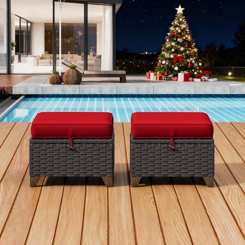 Image of 2 Pieces Patio Outdoor Ottomans with Removable and Washable Covers，PE Rattan Wicker Footstools for Porch, Garden, Sunroom (Red) | Patio Ottoman Set with Olefin Removable Cushion, All-Weather Ottoman with Deep Seat for Porch, Deck and Backyard, Red