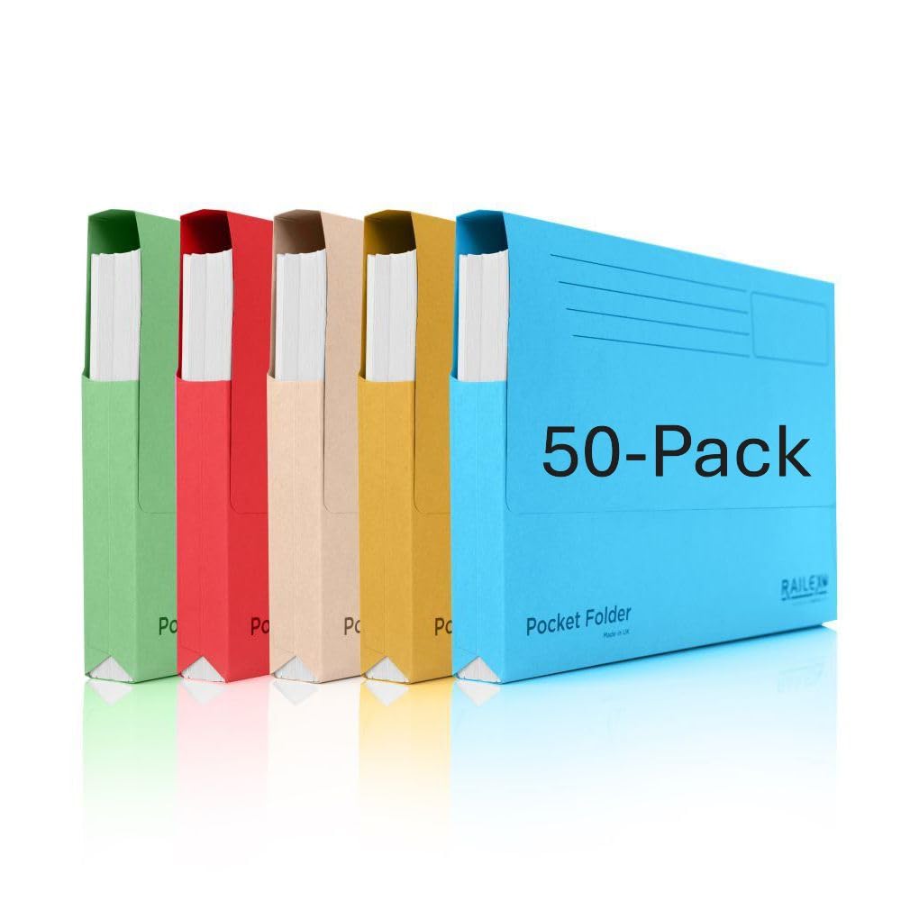 Railex Pocket Folder Foolscap Document Wallets - Assorted Folders Pack of 50 for Paperwork A4 and A4+, Recycled Board File Foolscap Document Wallet, Premium Filing Folder for Office and Home