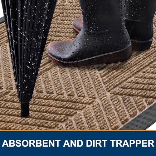 Image of Smiry Front Door Mat Outside Entrance, Heavy Duty Sturdy Natural Rubber Doormat, Trap Dirt and Moisture, Easy Clean Low Profile Mats for Indoor Outdoor Entry, Irregular Triangle (29.5x17, Light Brown)