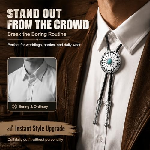 Image of Turquoise Bolo Tie for Men, Leather Braided Necktie Western Cowboy Bola Tie Costume Accessories for Men Women