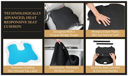 Wedge Memory Foam Car Seat Cushion - Cooling Gel-Infused Booster Heightening Tailbone Cushion For Office Chair, Car Seats, Wheelchair, Truck Driver, Extra Large Cushion Xl - Straps Included - Black #TOP7