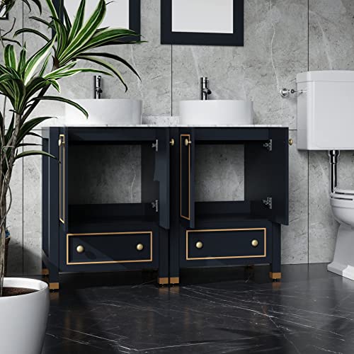 Homecart 48" Wood Double Sink Bathroom Vanity Cabinet Combo W/Marble Top Dark Navy Blue #TOP2