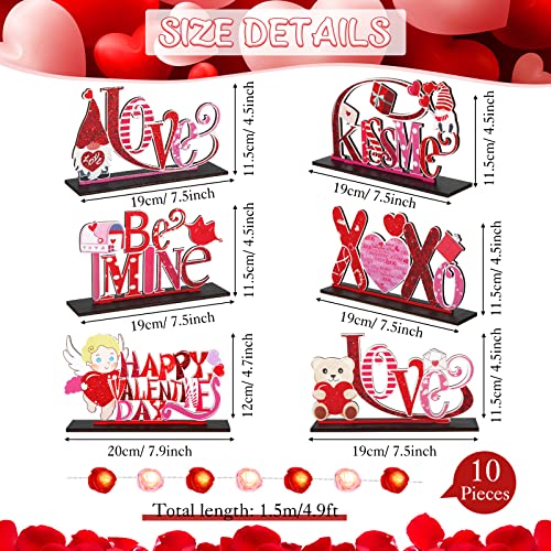 Jetec 7 Pieces Valentine‘s Day Table Decorations Set Wooden Heart Table Centerpiece Love Wood Sign with LED Rose Lamp String Light Valentine Decorations for Home Anniversary Wedding Party Decors
